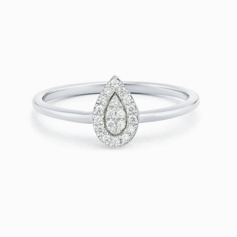 14K White Gold Pear Shape Diamond Ring / Alternate Teardrop Diamond Ring / Drop shape Micro Pave Diamond Ring / Trendy White Diamond Ring - MIUR ART