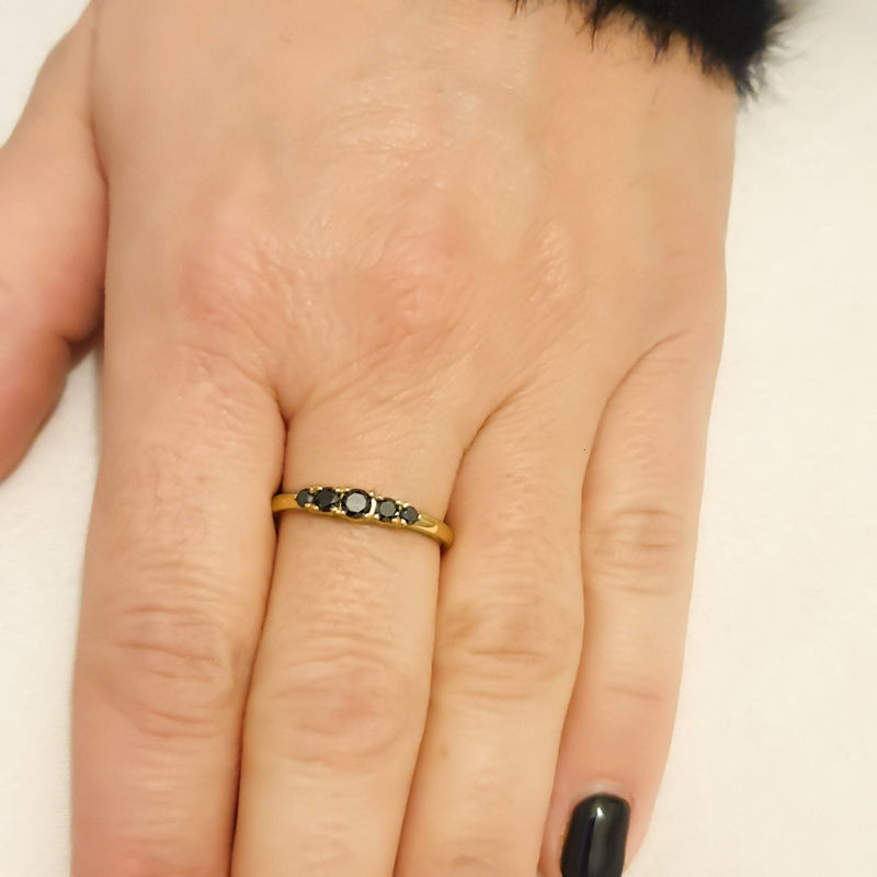 5 Stones Black Diamonds Ring, 14K Solid Gold Stacking Ring, Thin Dainty Ring, Delicate Five Diamonds Band, Miur Art And Jewelry - MIUR ART