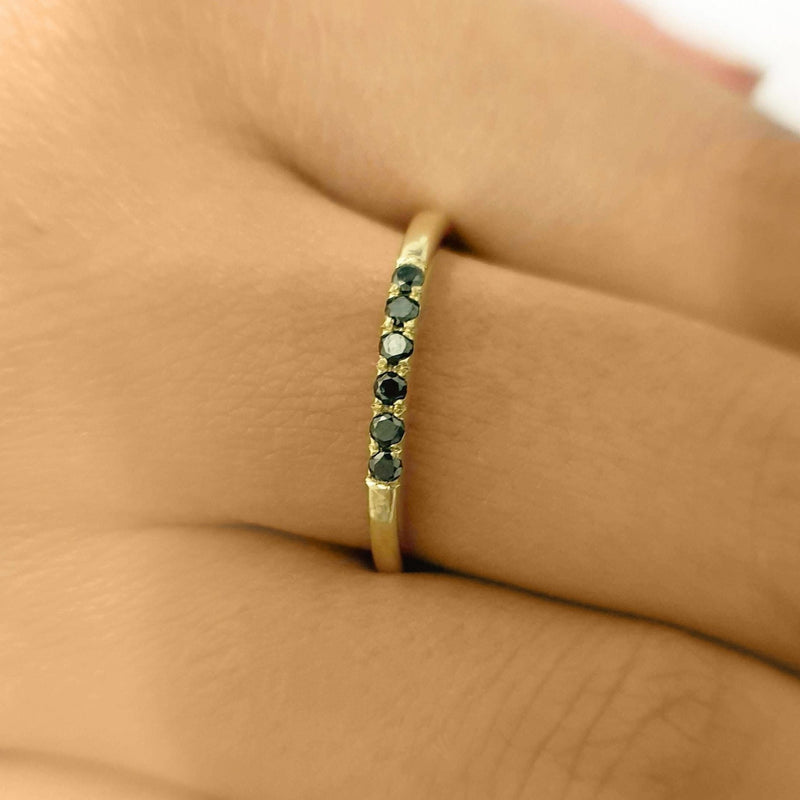 6 Stones Black Diamonds Ring, 1.9mm 14K Solid Gold Stacking Ring, Thin Dainty Ring, Delicate Six Diamonds Band - MIUR ART
