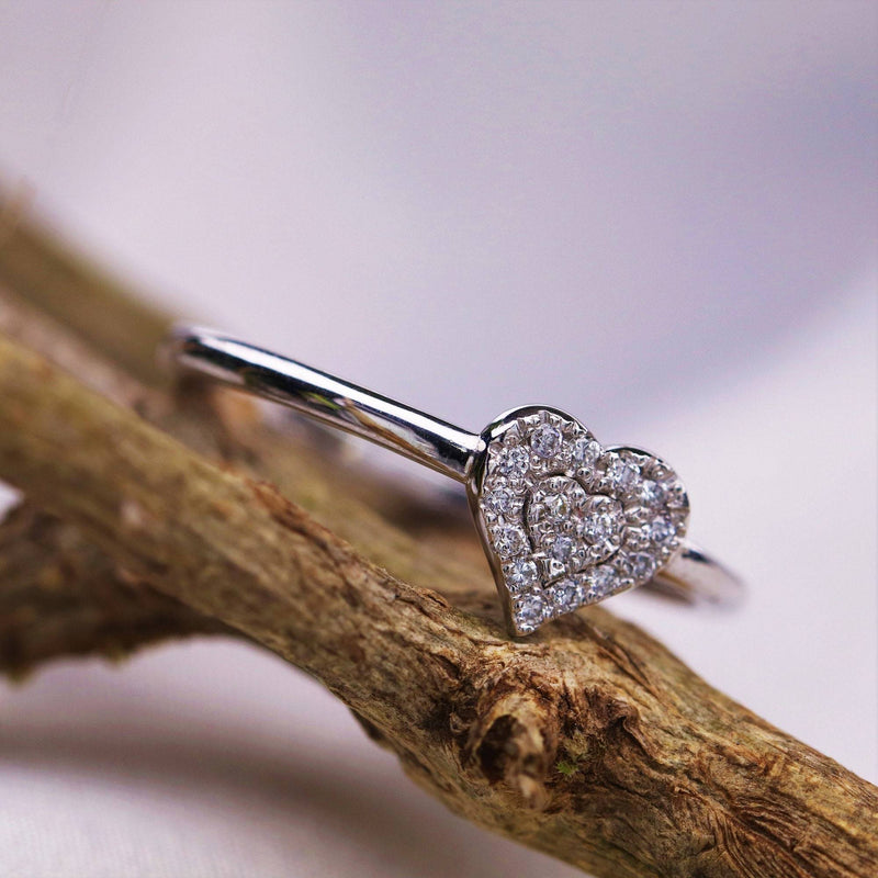Delicate Diamond Ring 14K Gold White Band, Unique Heart Shape Ring, Promise Ring, Ring for Women, Anniversary Bridal Ring - MIUR ART