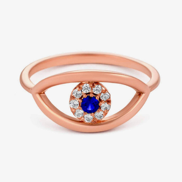 Diamond Ring Evil Eye Shape in 14K Rose, White or Yellow Solid Gold- Blue Sapphire Evil Eye, Evil Eye Ring, Good Luck Ring by MIUR ART - MIUR ART