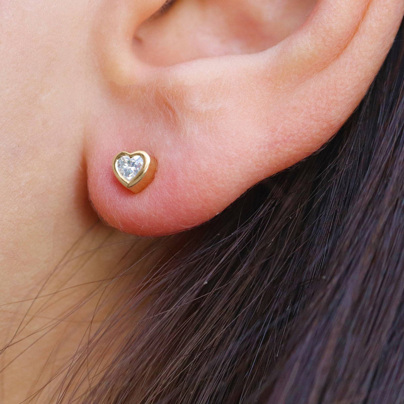 Diamond Stud Earrings Heart Shape in 14K Gold- Small Genuine High Quality Diamond Heart Earrings, Available in White Rose Yellow Solid Gold - MIUR ART