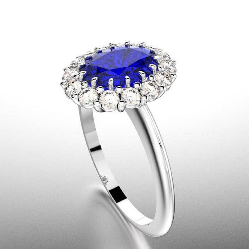 Diana Ring / Blue Sapphire Diamond Halo Engagement Ring in 14K White Gold, Oval Cut Blue Sapphire, Bridal Ring - MIUR ART