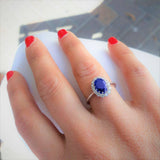 Diana Ring / Blue Sapphire Diamond Halo Engagement Ring in 14K White Gold, Oval Cut Blue Sapphire, Bridal Ring - MIUR ART
