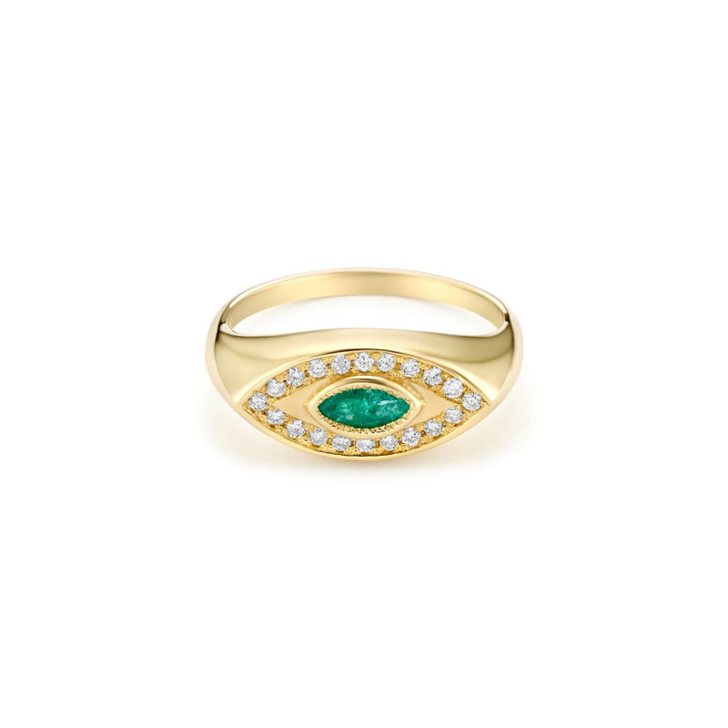 Green Emerald & Diamond Ring / 14K Gold / Signet Ring / Natural Diamond / Statement Ring / seal Ring / Signet Diamond Ring / Miur Art - MIUR ART
