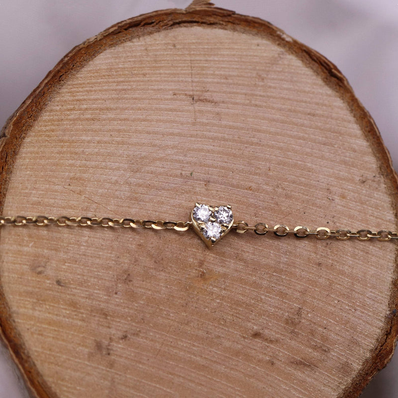 Heart 3 Diamond Bracelet in 14K Yellow White or Rose Gold- Heart Charm Bracelet, Three Stones Style, Love Bracelet, Best Gift for Her - MIUR ART