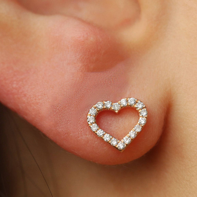 Heart Diamond Stud Earrings in 14K White Rose or Yellow Gold- Single Heart Diamond Earring or Pair Flash Earrings the Best Gift for Her - MIUR ART