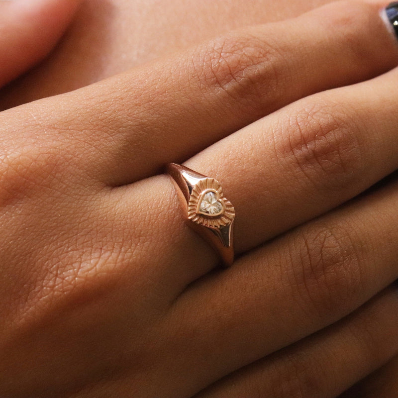 Heart Signet Diamond Ring & Heart Diamond / Diamond Ring / 14K Gold / Natural Diamond / Heart Seal Ring / - MIUR ART