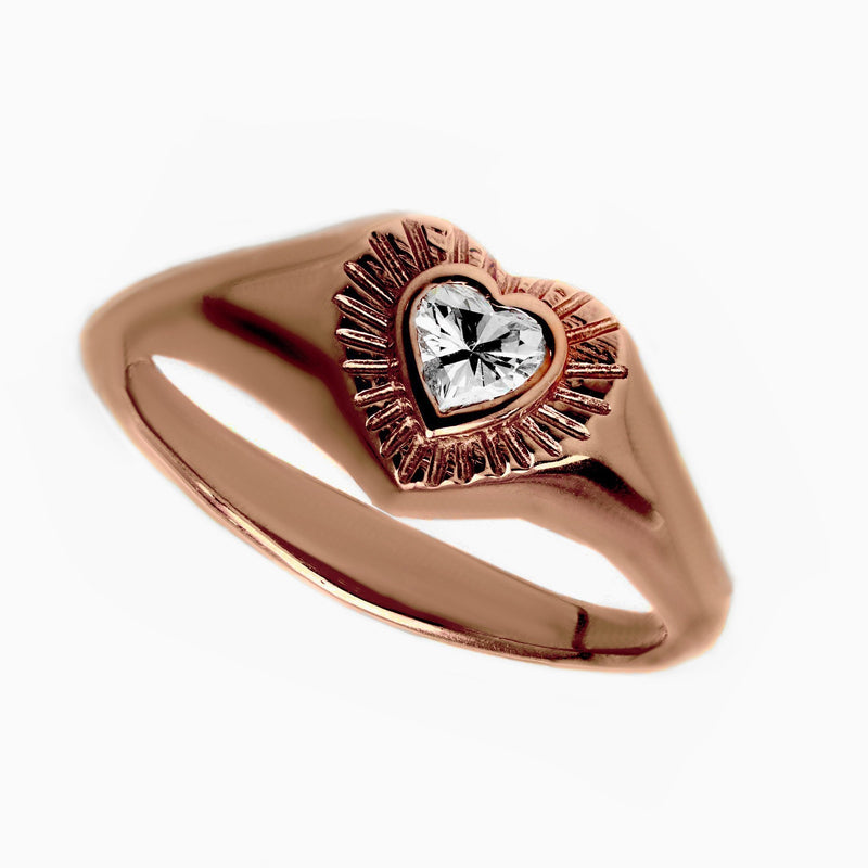 Heart Signet Diamond Ring & Heart Diamond / Diamond Ring / 14K Gold / Natural Diamond / Heart Seal Ring / - MIUR ART