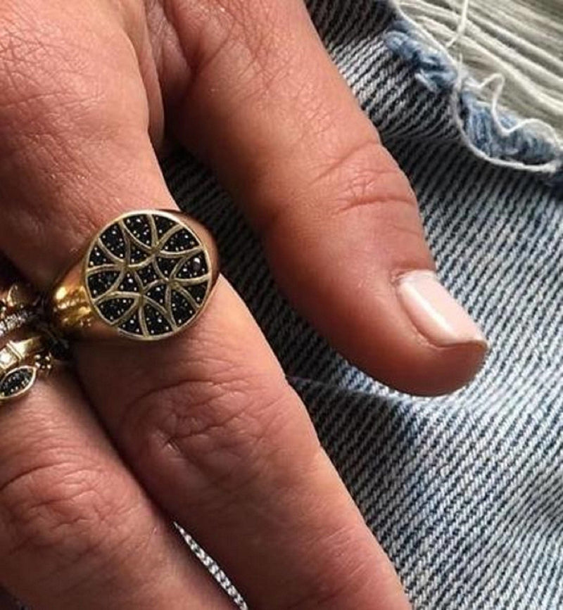 Mandala Style Signet Ring in 14K Gold / Black Diamond Ring / Statement Ring / Seal Ring / Signet Diamond Ring / Pinky Promise Ring - MIUR ART