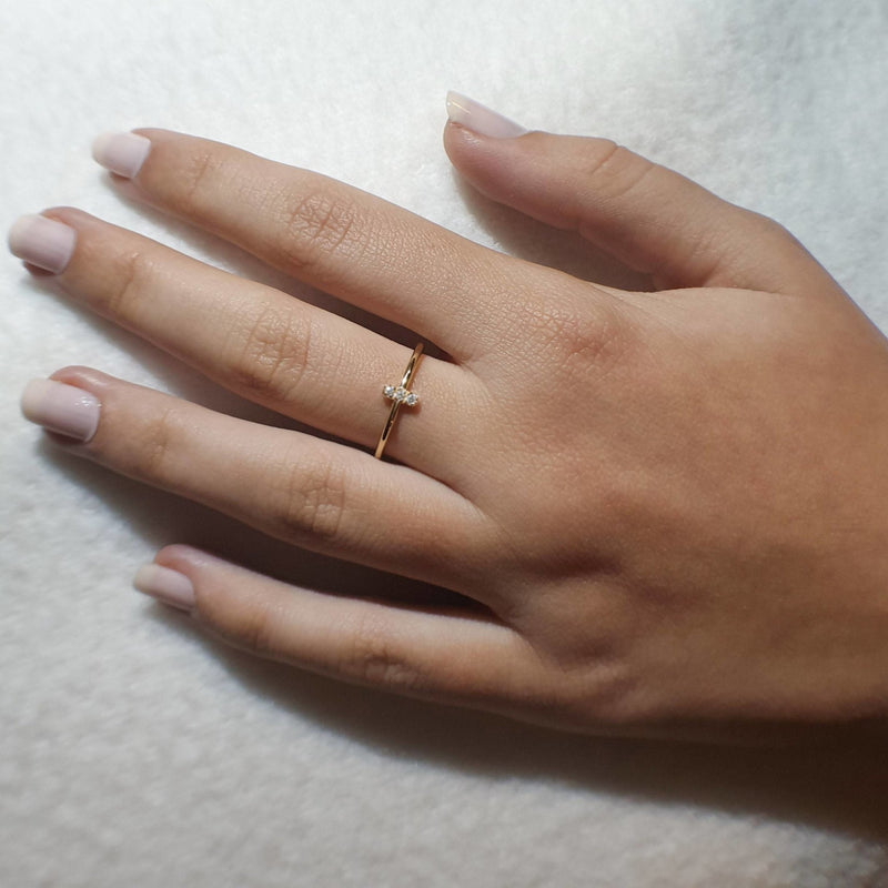 Minimal Three Stone Diamond Ring in 14K Gold- Micro Pave Diamond Ring, Trendy Diamond Ring, Gift for Her, Dainty Diamond Ring, Tiny Ring - MIUR ART