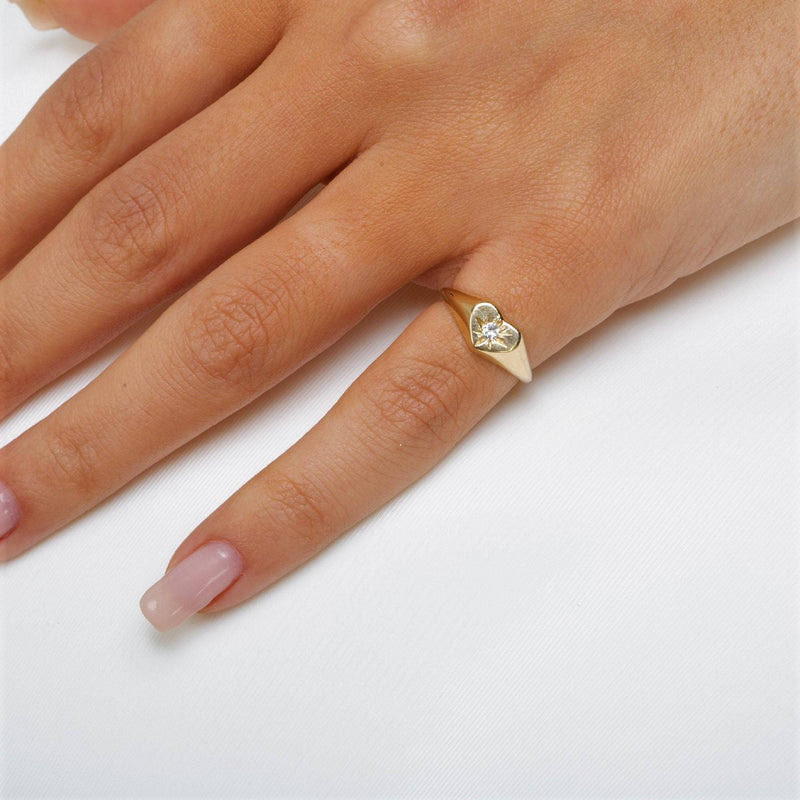 Pinkie Ring Heart Shape in 14K Gold with Small Diamond- Heart Pinky Ring / Heart Ring / Heart Signet Diamond Ring The Perfect Gift for Her - MIUR ART