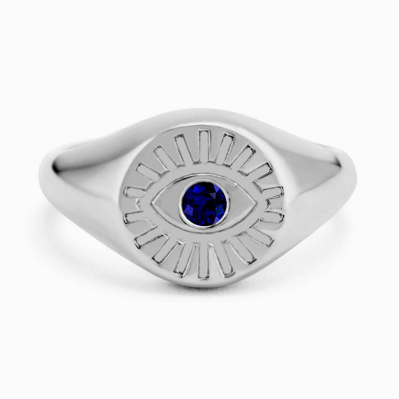 Pinky Ring Evil Eye Shape in 14k Solid Gold- Seal Ring, Evil Eye Ring, 0.05 CTW Sapphire Signet Ring, White Rose or Yellow Gold - MIUR ART