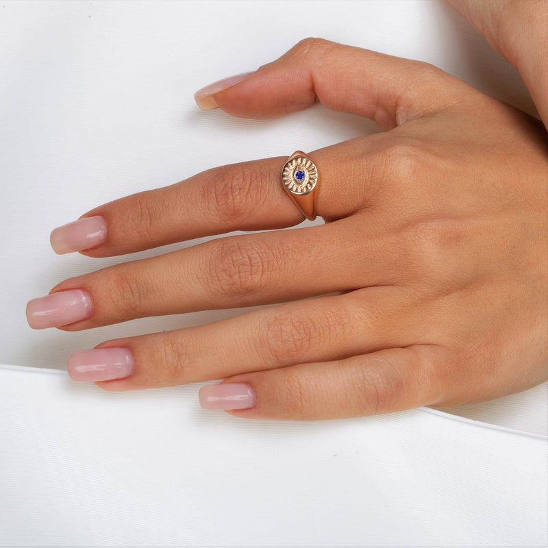 Pinky Ring Evil Eye Shape in 14k Solid Gold- Seal Ring, Evil Eye Ring, 0.05 CTW Sapphire Signet Ring, White Rose or Yellow Gold - MIUR ART