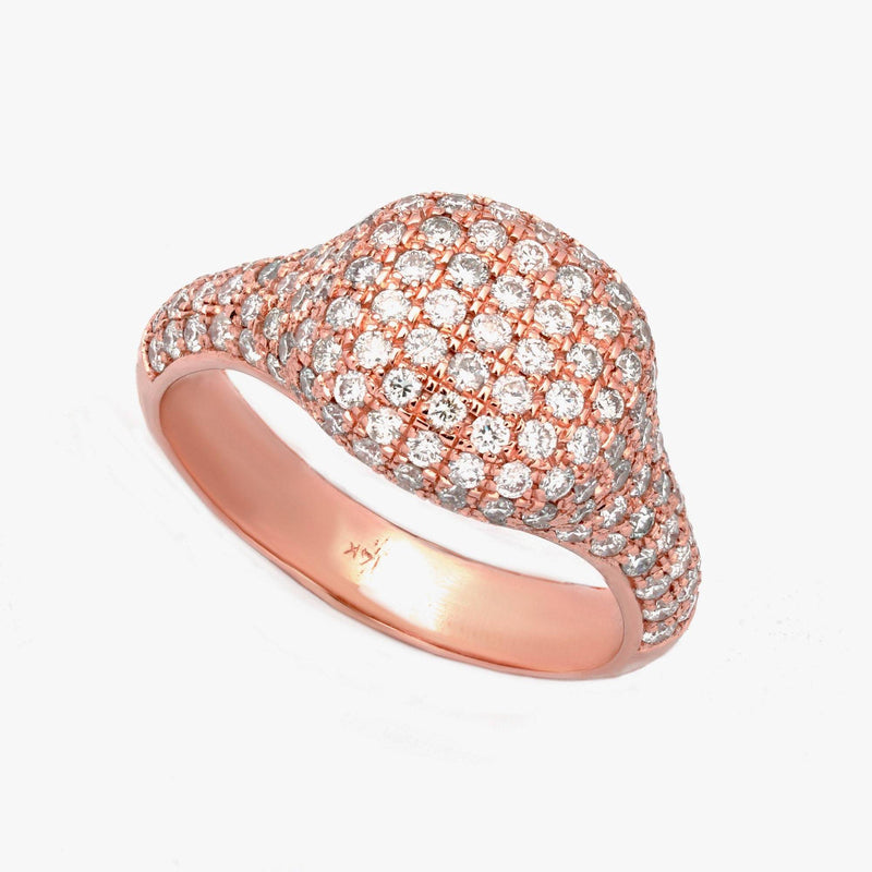 Puff Cushion Ring, 14K Gold, Round Natural Diamond, Pave Setting, 1.00 CTW, Mini Chevron, Pinky Ring, Pave Diamond Ring - MIUR ART