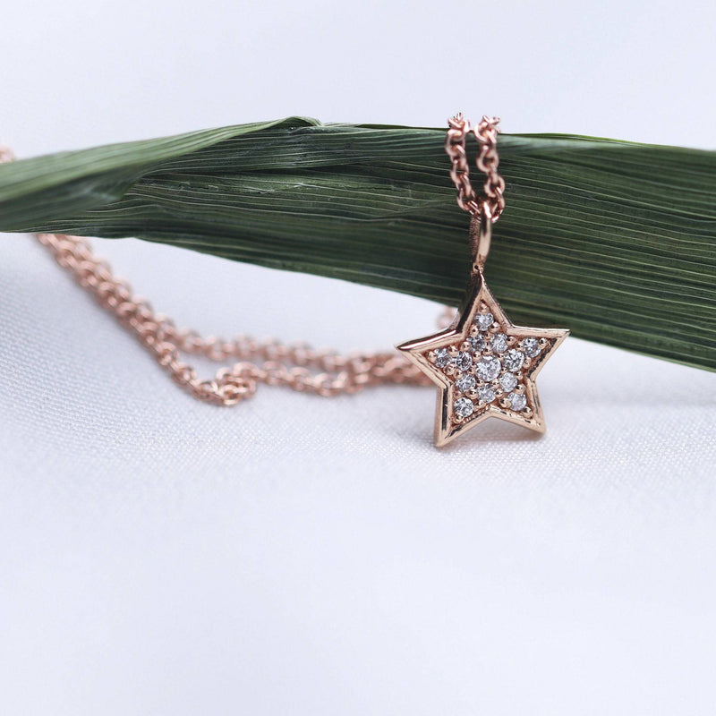 Star Diamond Necklace, 14K Gold, 1/10 CTW Round Natural Diamond, Necklace for Her, Pave Diamond Pendant, Tiny Necklace - MIUR ART